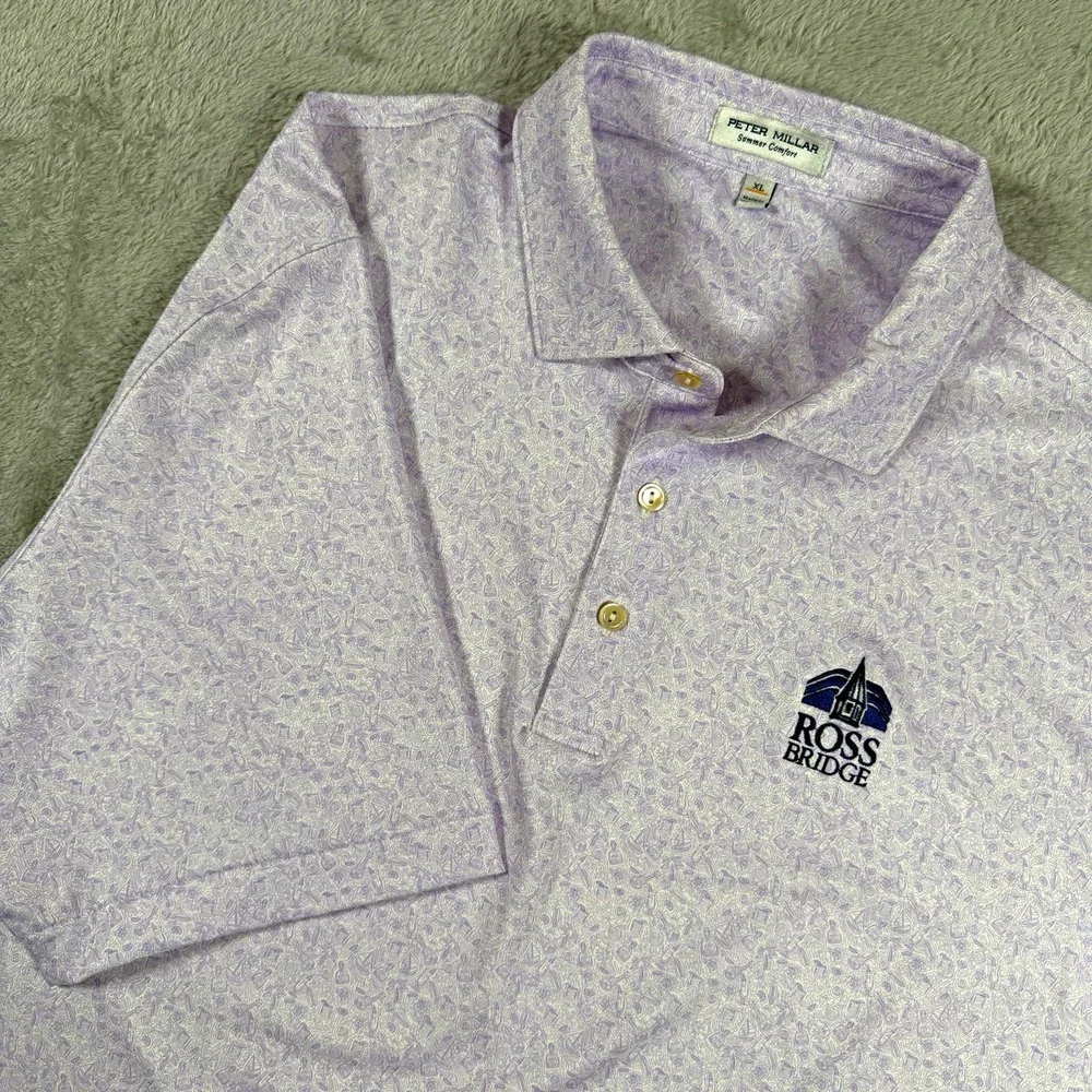 Peter Millar Summer Comfort Men's XL Purple/White Print Stretch Golf Polo Logo
